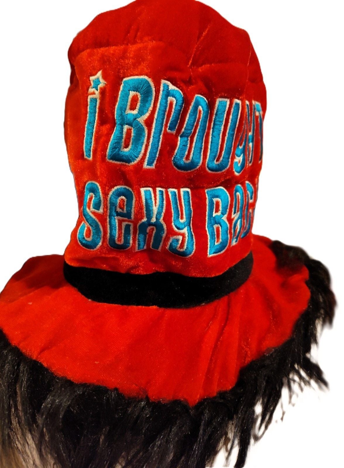 Y2K Novelty "I Brought Sexy Back" Red Velvet with Black Fur Trim Hat 2000's 2