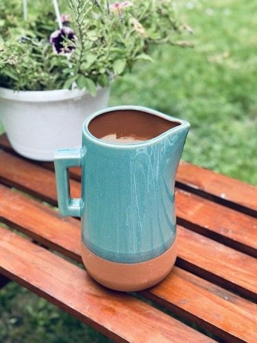 NOS New York Stoneware Handmade Turquoise & Terracotta Drink Pitcher 10” Tall 13