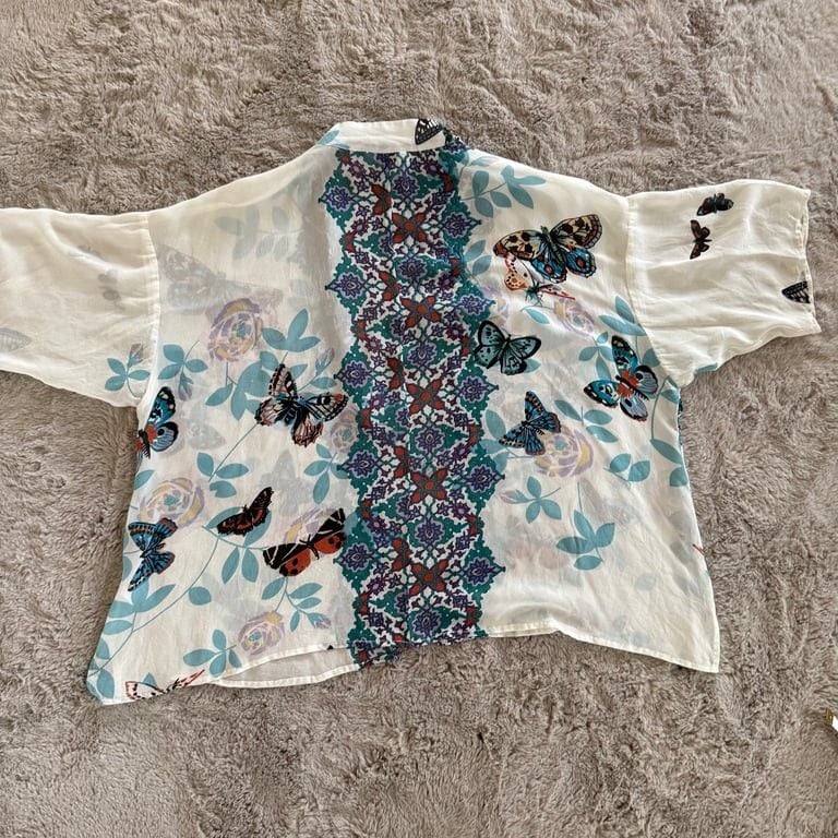 Citron women’s Sz PL 100% silk cardigan kimono top butterfly floral boho garden 9
