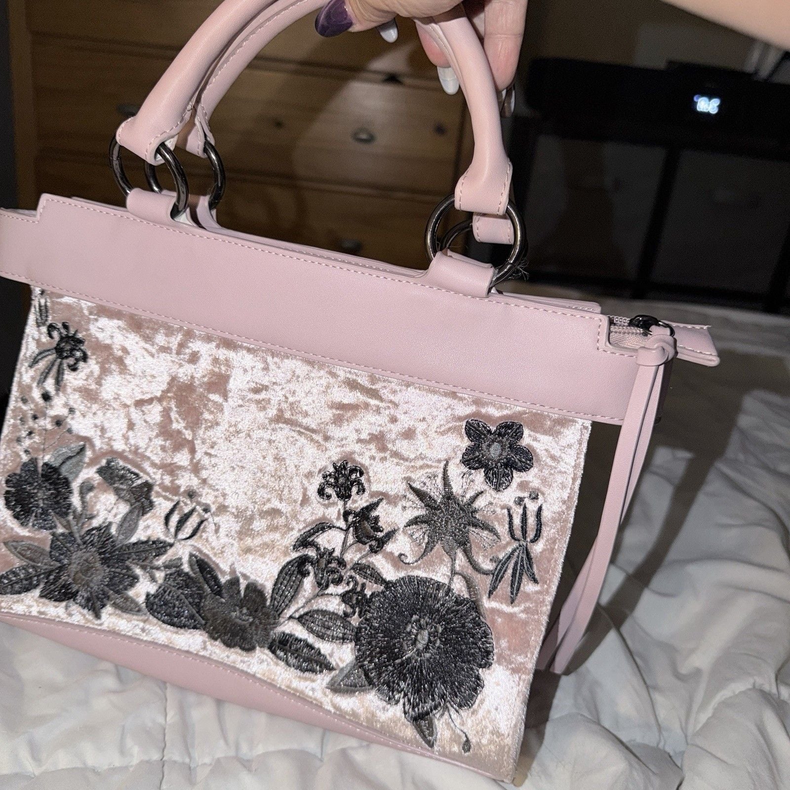 T-Shirt & Jeans Satchel Pink Crushed Velvet Black Embroidered Whimsygoth Bag 2