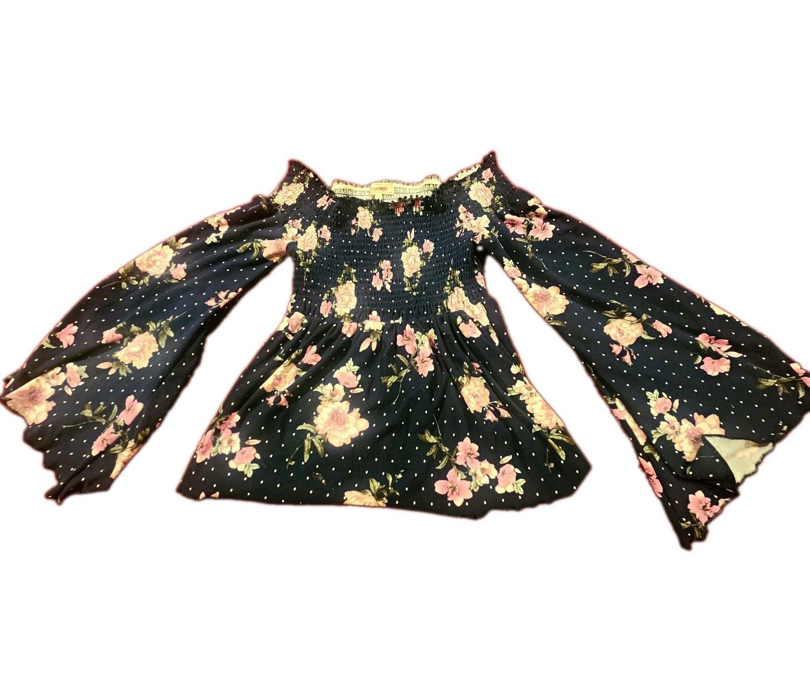 Stella Tweed Women’s Blue Floral Off Shoulder Smocked Stretch Romper L 1