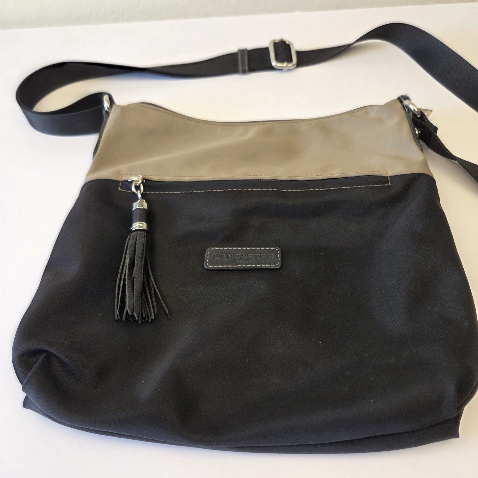 Lancaster Paris Basic Pompon Nylon Hobo Crossbody Bag Black Taupe 3