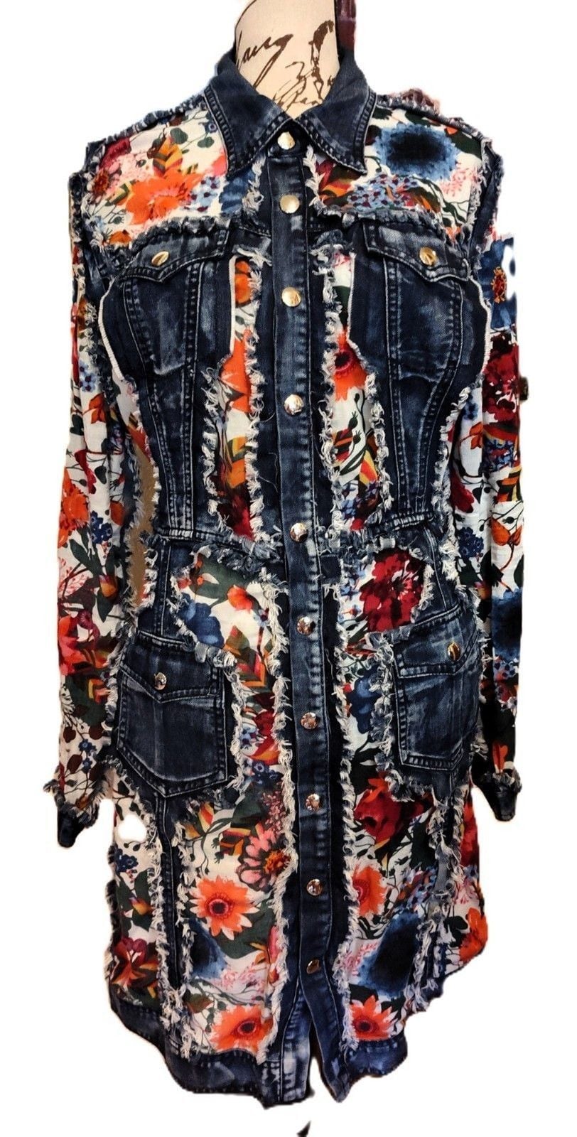 ADORE Distressed Denim Floral Duster Jacket Dress Artsy Boho Western Large EUC 2