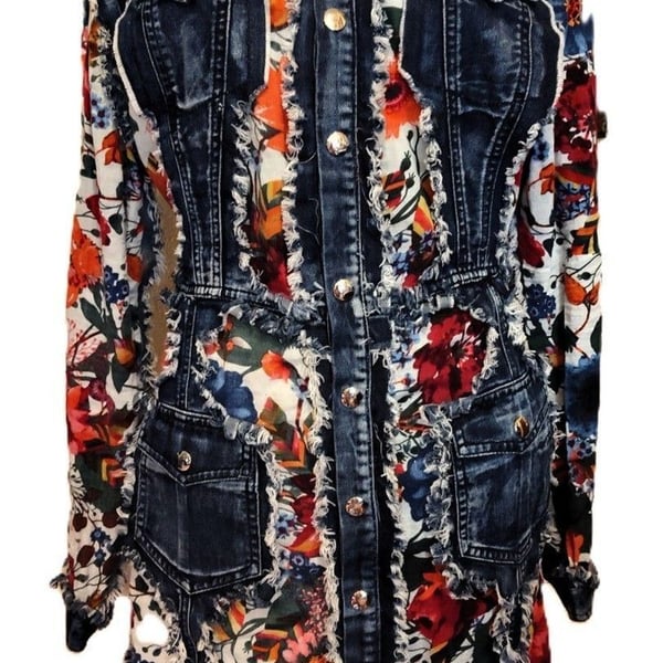 ADORE Distressed Denim Floral Duster Jacket Dress Artsy Boho Western Large EUC
