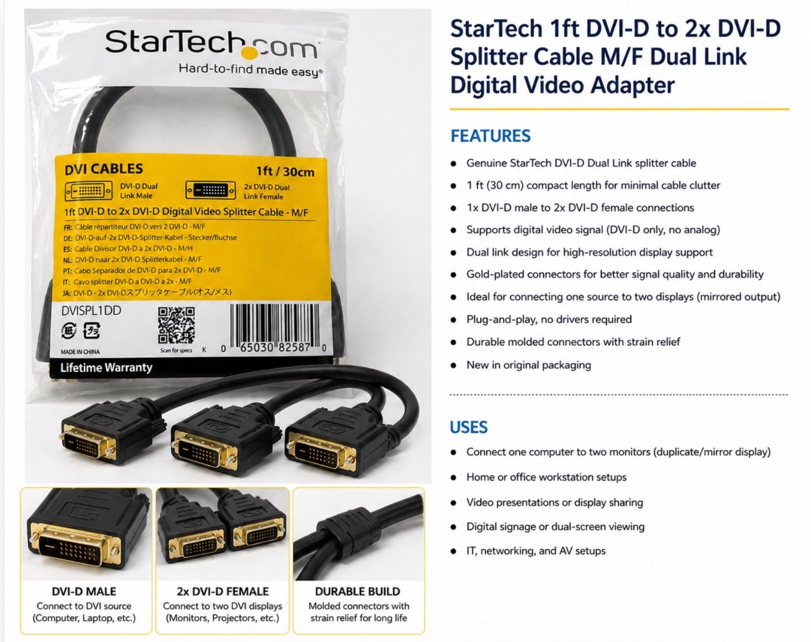 Digital Video Splitter Cable 1 ft DVI-D to 2x DVI-D M/F Dual Link Digital Video 1