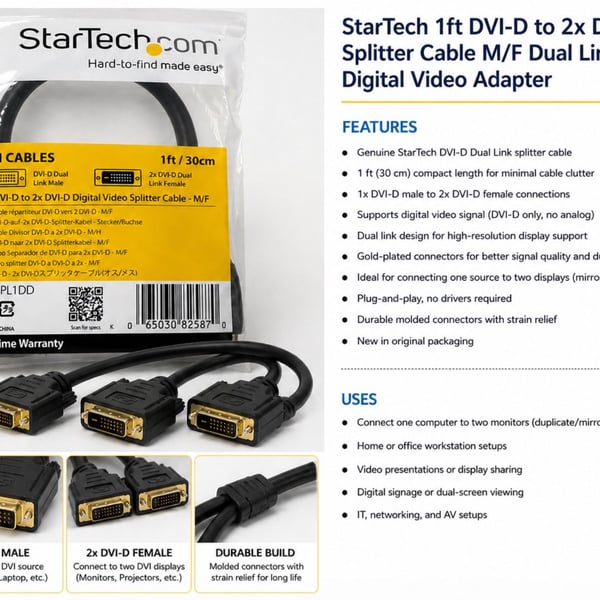Digital Video Splitter Cable 1 ft DVI-D to 2x DVI-D M/F Dual Link Digital Video