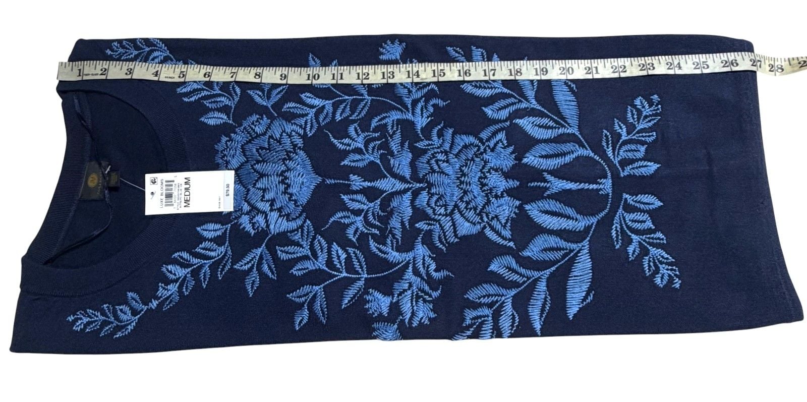 JM Collection Luxe Blooms Women's Embroidered Top Navy Blue Size M NWT 6