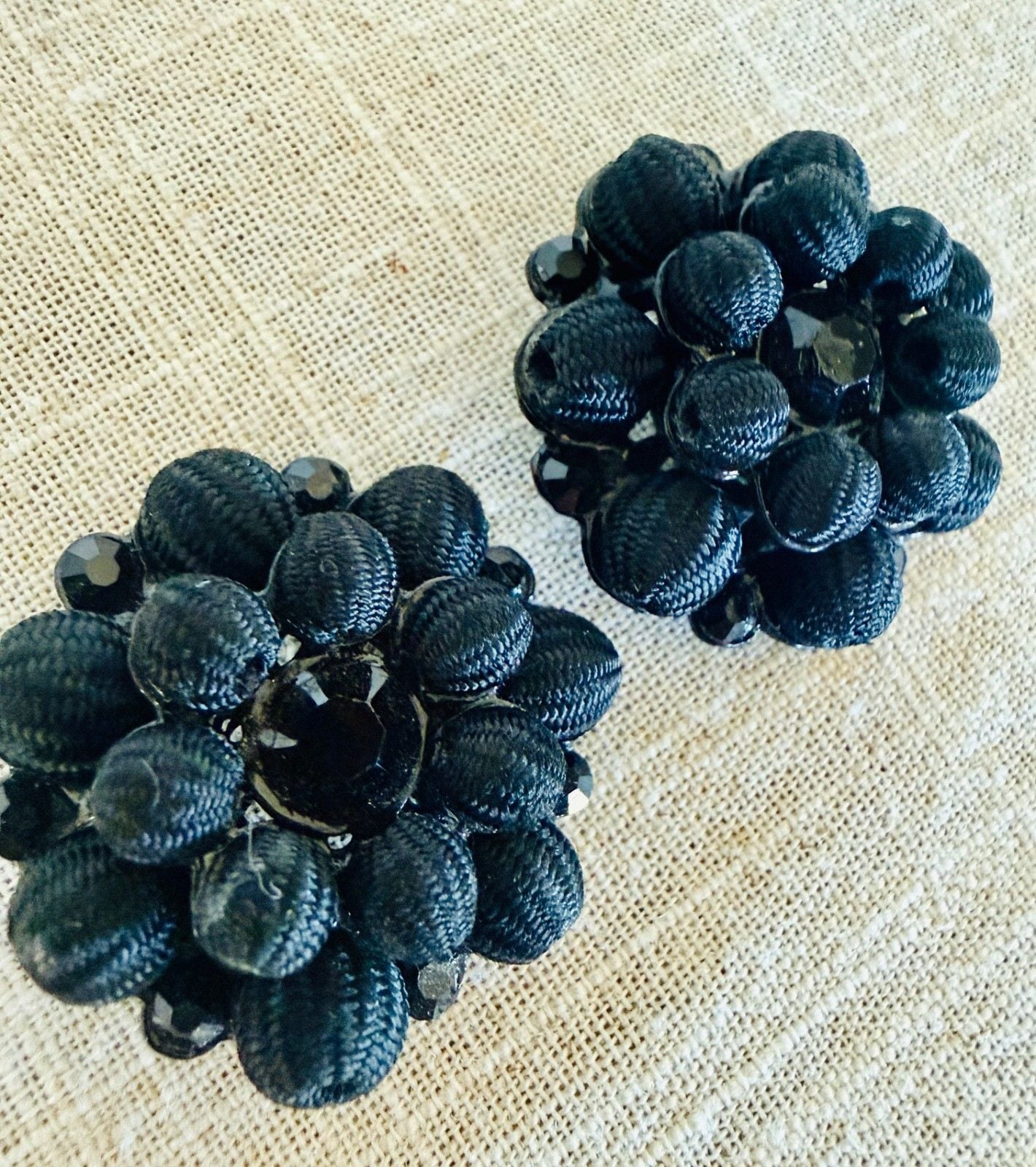 Vintage Mid-Century Black Cluster Beaded Fabric Buttons Set of 2 Statement 1