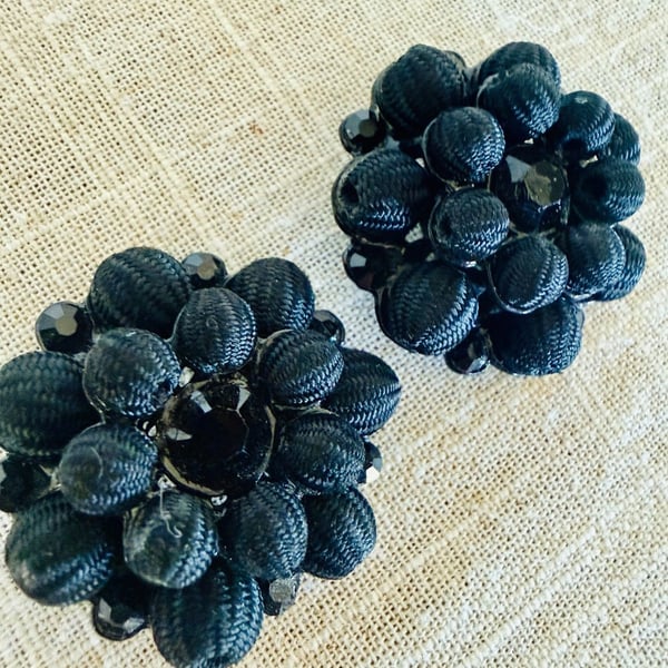 Vintage Mid-Century Black Cluster Beaded Fabric Buttons Set of 2 Statement