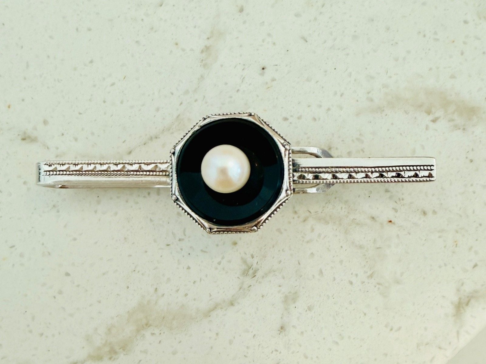 Art Deco Sterling Silver Bar Pin Black Stone Pearl Octagonal Milgrain 5cm 7