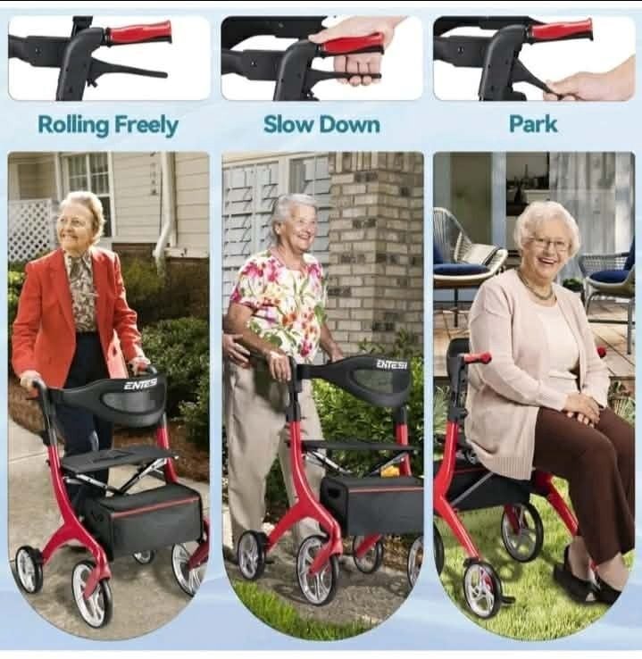 ENTESI All Terrain Rollator Walker 4 Wheel Foldable Seat Brakes Red 300 lb 7