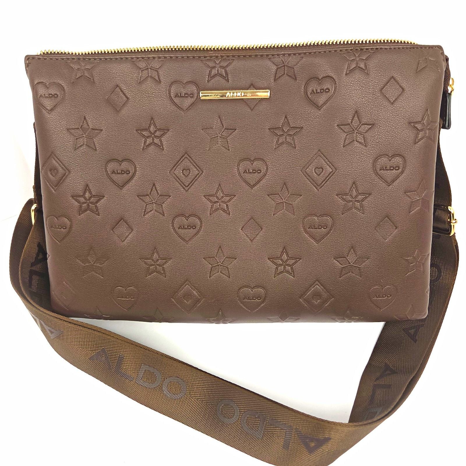 ALDO Brown Embossed Logo Crossbody Bag Zip Closure Adjustable Strap Pockets 2