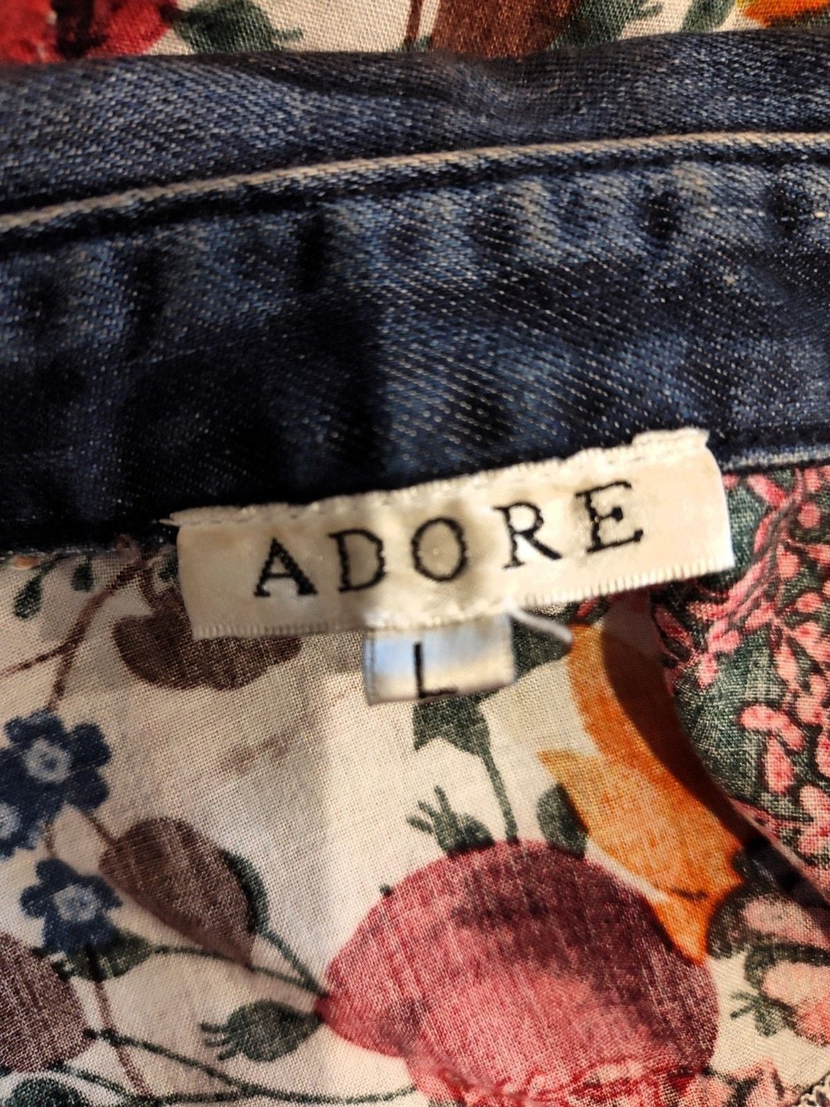 ADORE Distressed Denim Floral Duster Jacket Dress Artsy Boho Western Large EUC 7
