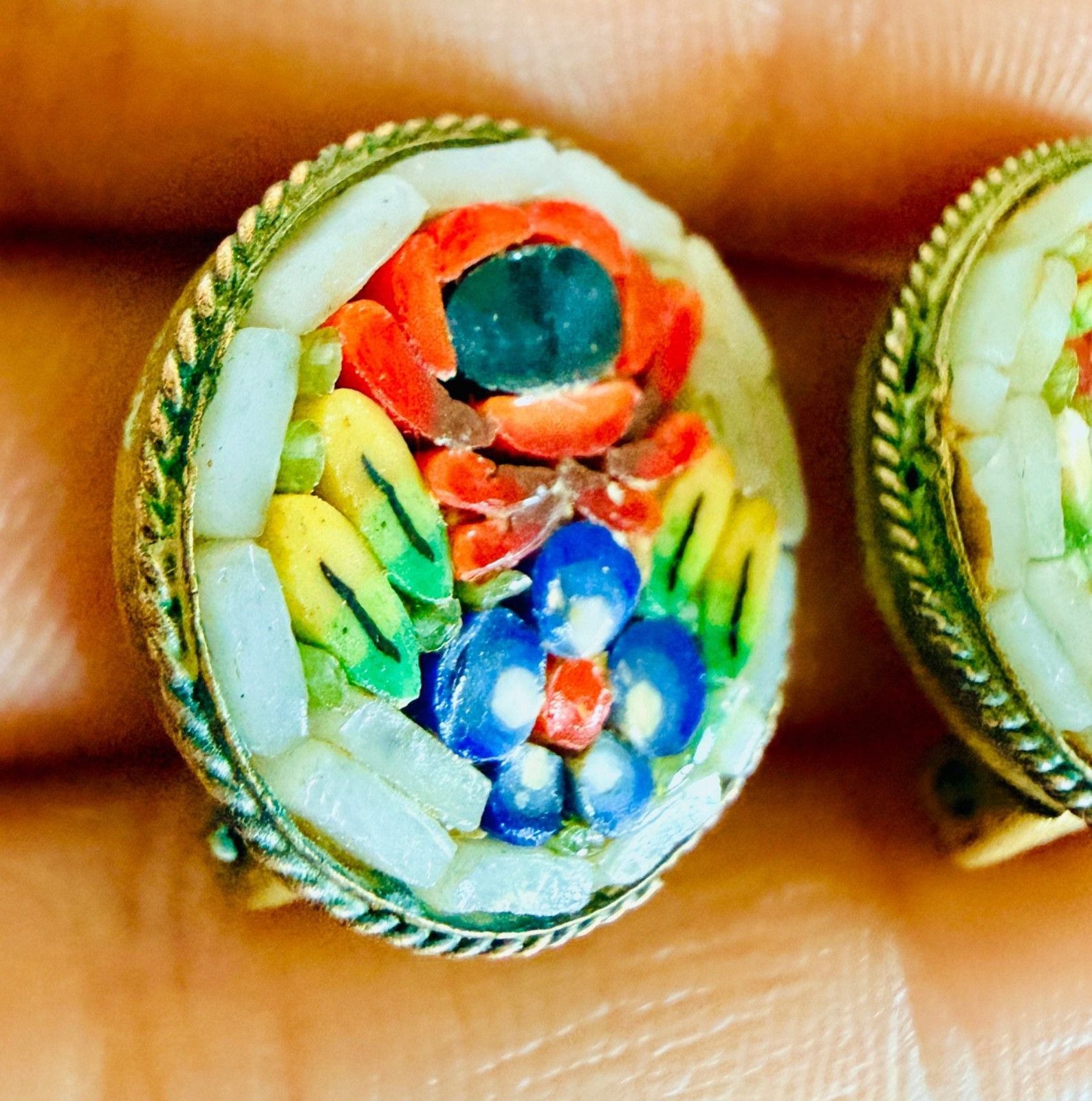 Vintage Italian Micromosaic Floral Clip Earrings Round Poppy Flower Italy Grand 6
