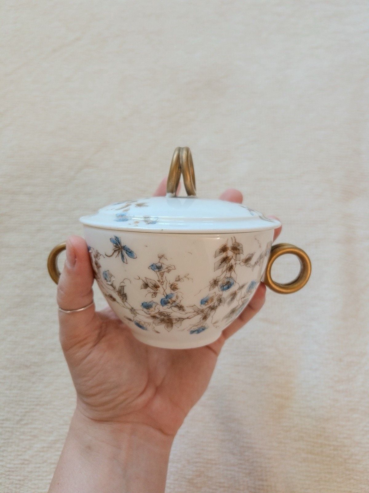 Antique Limoges CFH GDM Sugar Bowl Lidded Cup French Porcelain Blue Floral 1880s 6