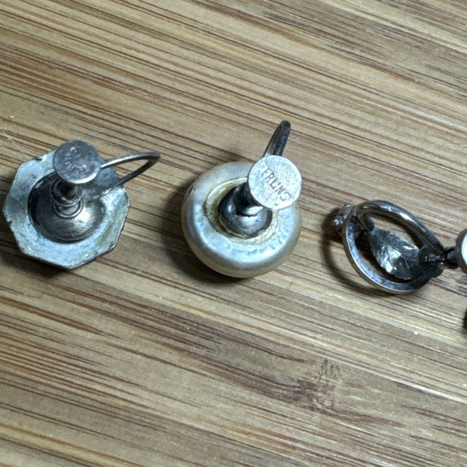 Vintage Sterling Silver Single Earrings Lot of 4 Screw Back Pearl Rhinestone 3