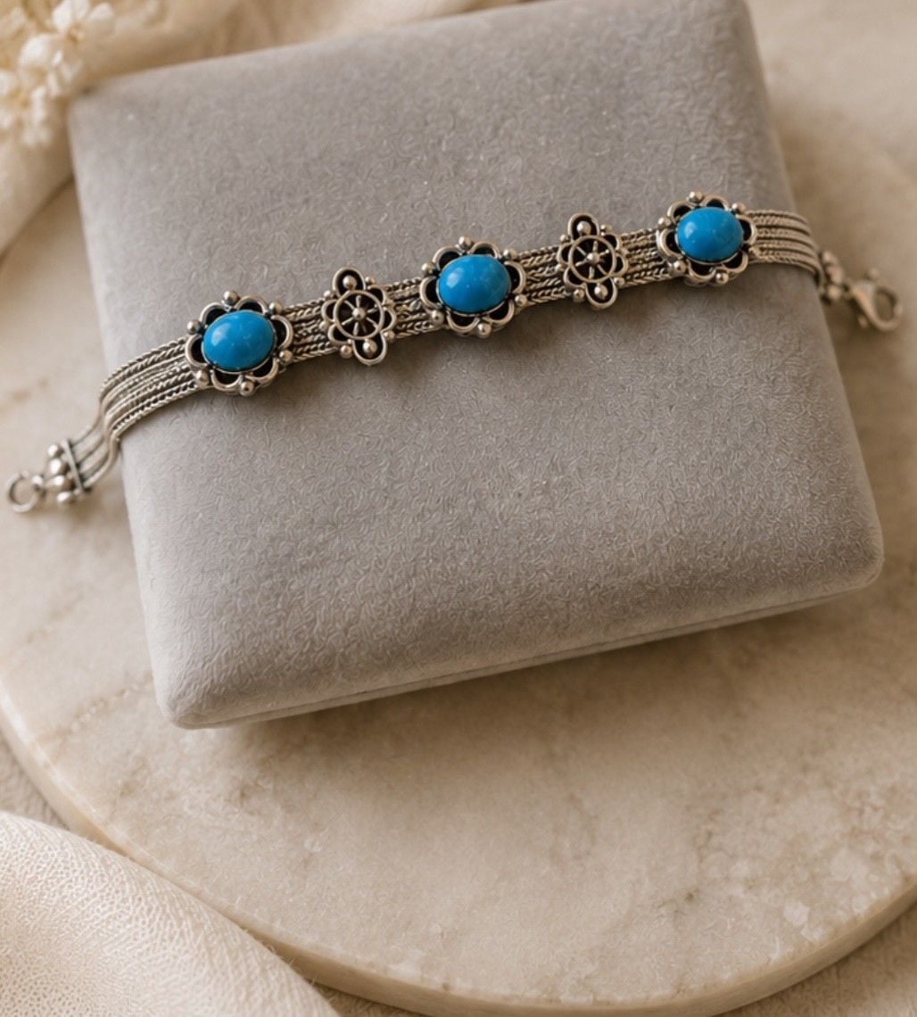 Vintage Sterling Silver 925 Turquoise Floral Multi-Stone Bracelet Signed 7" 2