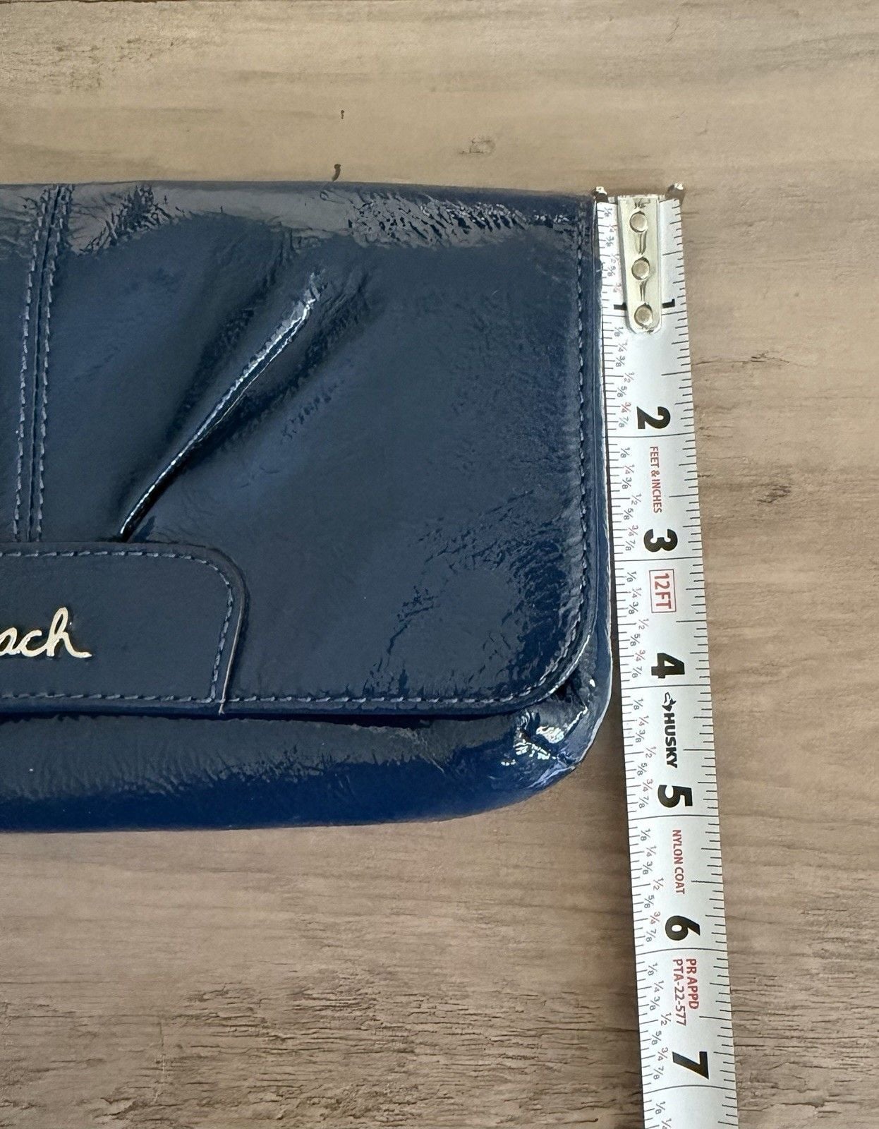 Coach Ashley F49415 Navy Patent Leather Large Flap Wristlet Pleated Gold Logo 13