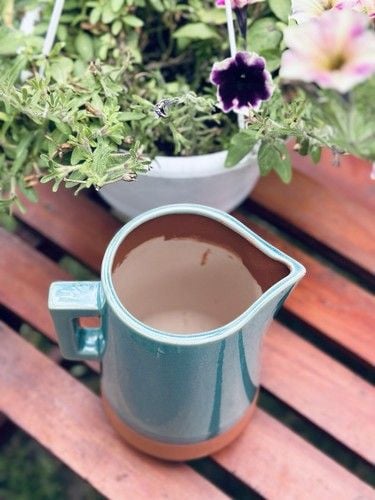 NOS New York Stoneware Handmade Turquoise & Terracotta Drink Pitcher 10” Tall 12