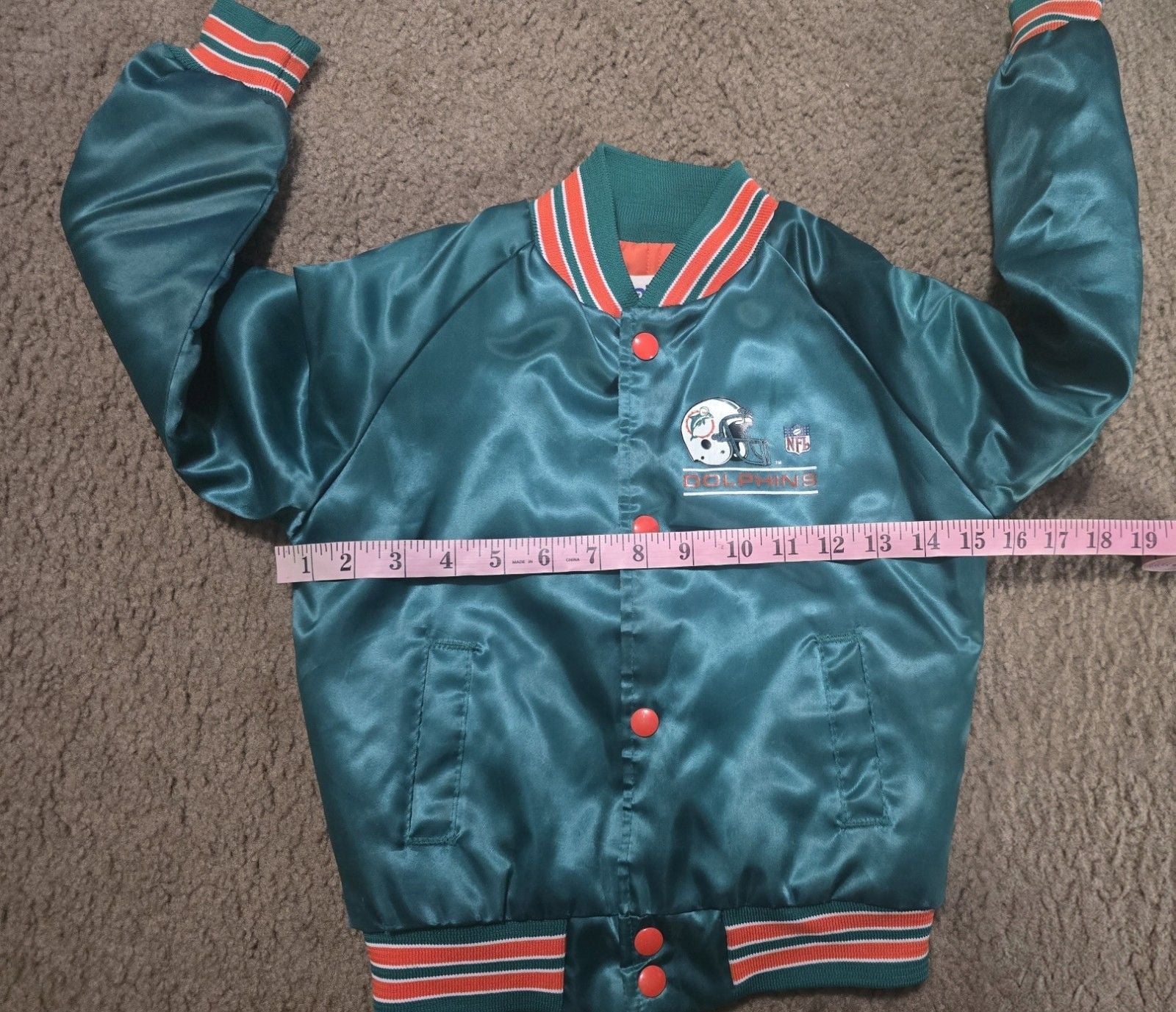 VTG 90s NFL MIAMI DOLPHINS CHALK LINE SATIN JACKET BOMBER SPELLOUT KIDS SZ 6/7 6