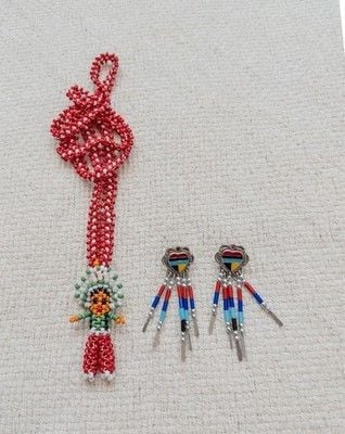 VTG Native Style Beaded Chief Necklace & Silver Tone Inlay Earring Lot 2pc 3