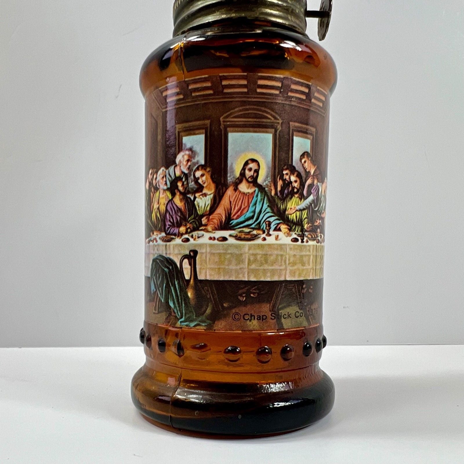 Vintage Chap Stick 1976 Amber Glass Mini Oil Lamp "The Last Supper" Hong Kong 2