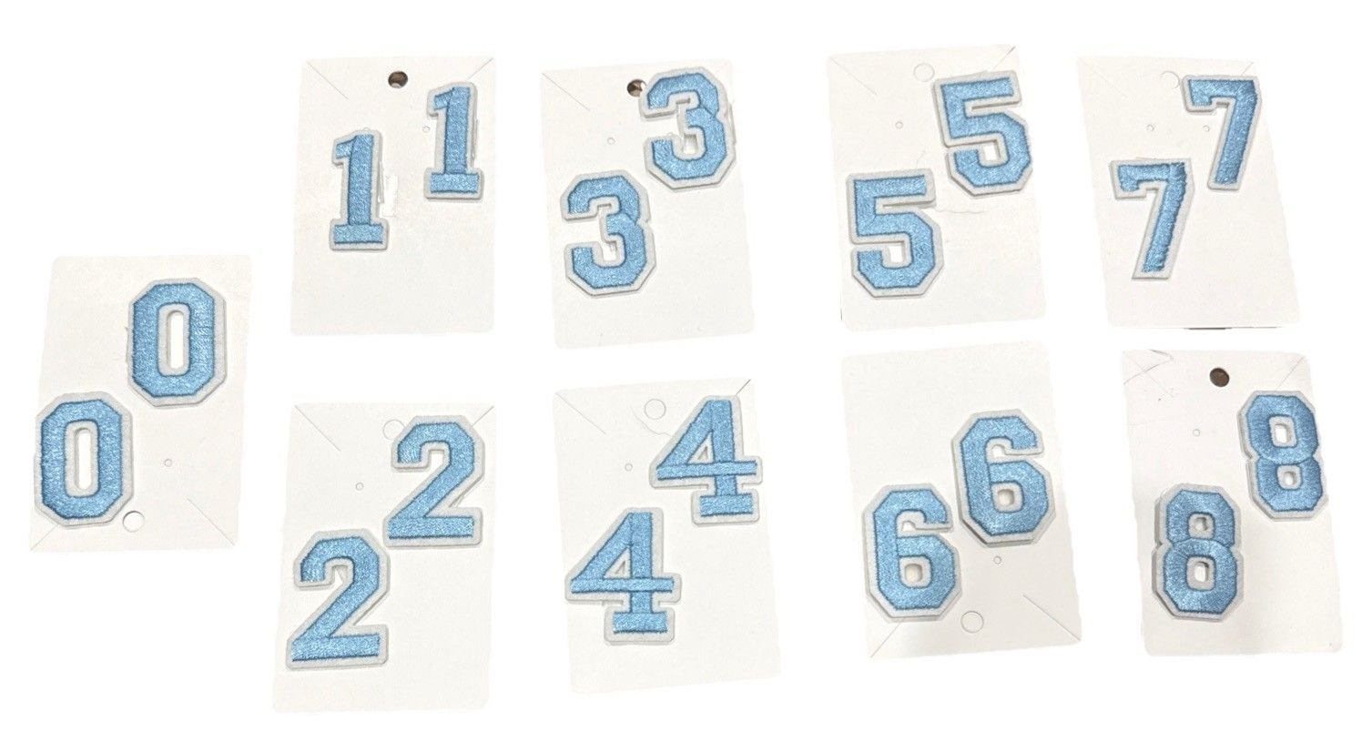 Embroidered Iron on Patch Set Numbers 0-8 Baby Blue & White 1 1/2 Inch x 1 Inch 1
