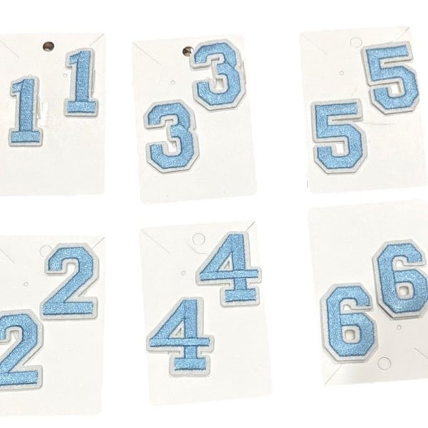 Embroidered Iron on Patch Set Numbers 0-8 Baby Blue & White 1 1/2 Inch x 1 Inch