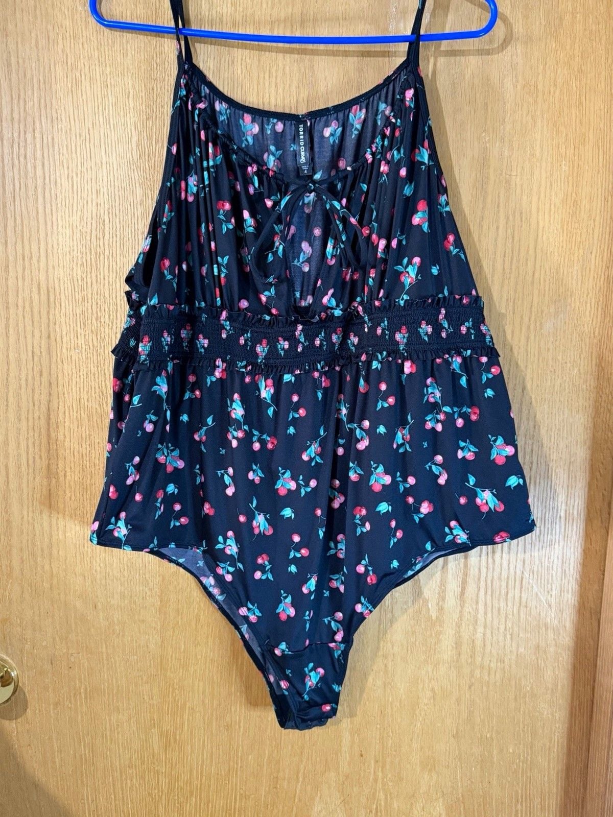 Torrid Cherry Print One Piece Bodysuit Black Pink Blue Plus Size 4 Adjustable 2