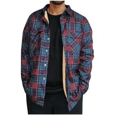 Men's Plaid Jacket Fleece Jacket Casual Long Sleeve Baggy Coat 2