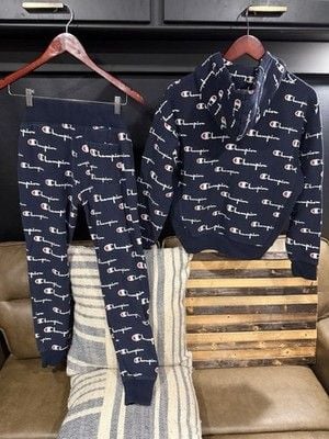 Champion Men’s Blue Logo Fleece Sweatsuit Set Hoodie & Tapered Pants S Top M 7