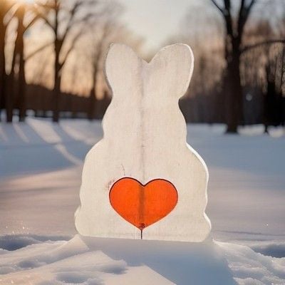 Vintage Handmade Hand Carved Wooden Bunny Shelf Sitter With Cut Out Heart Carrot 7