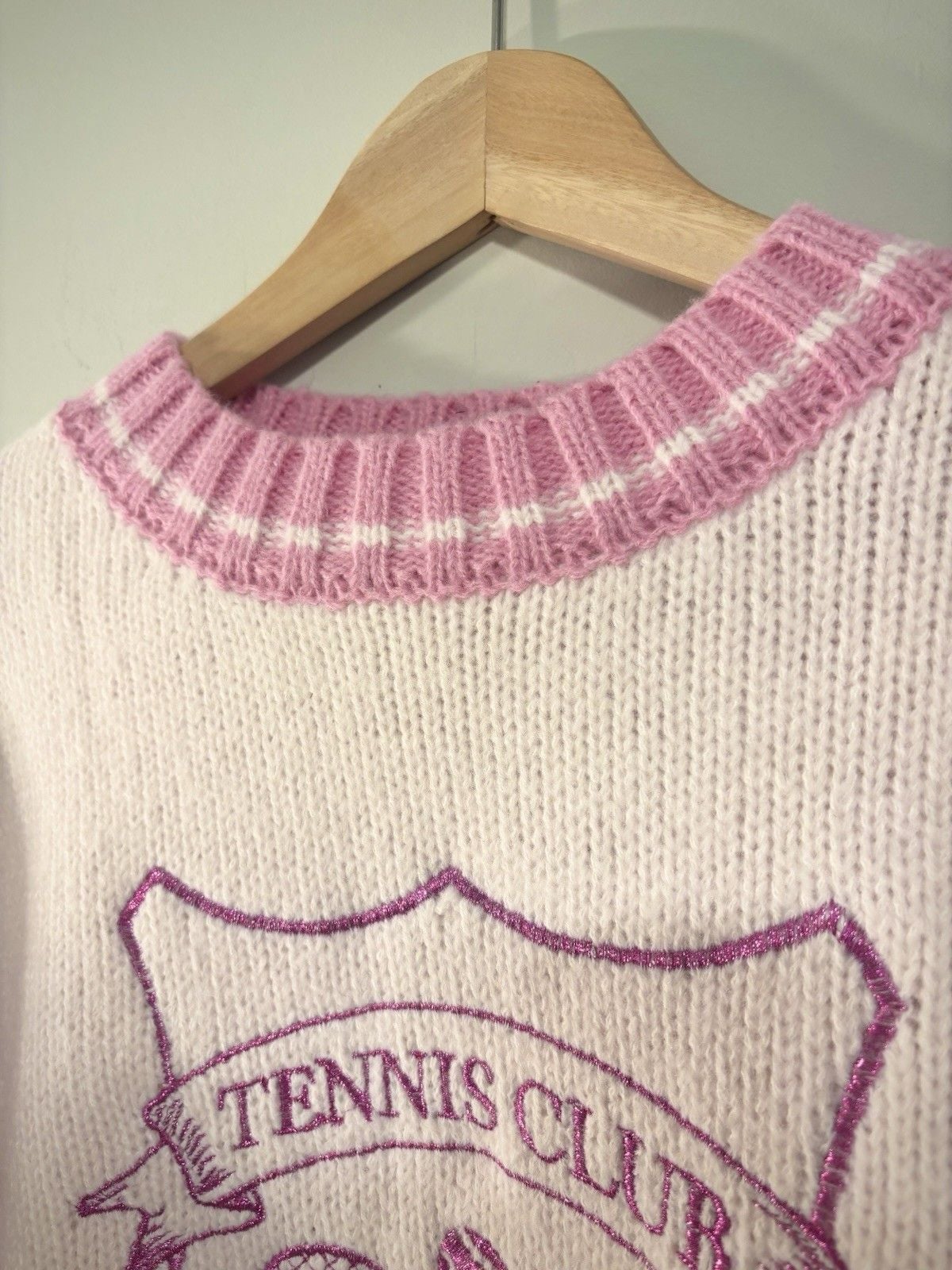 Fantastic Fawn Tennis Club Graphic Knit Crewneck Pullover Sweater Pink/White S 6