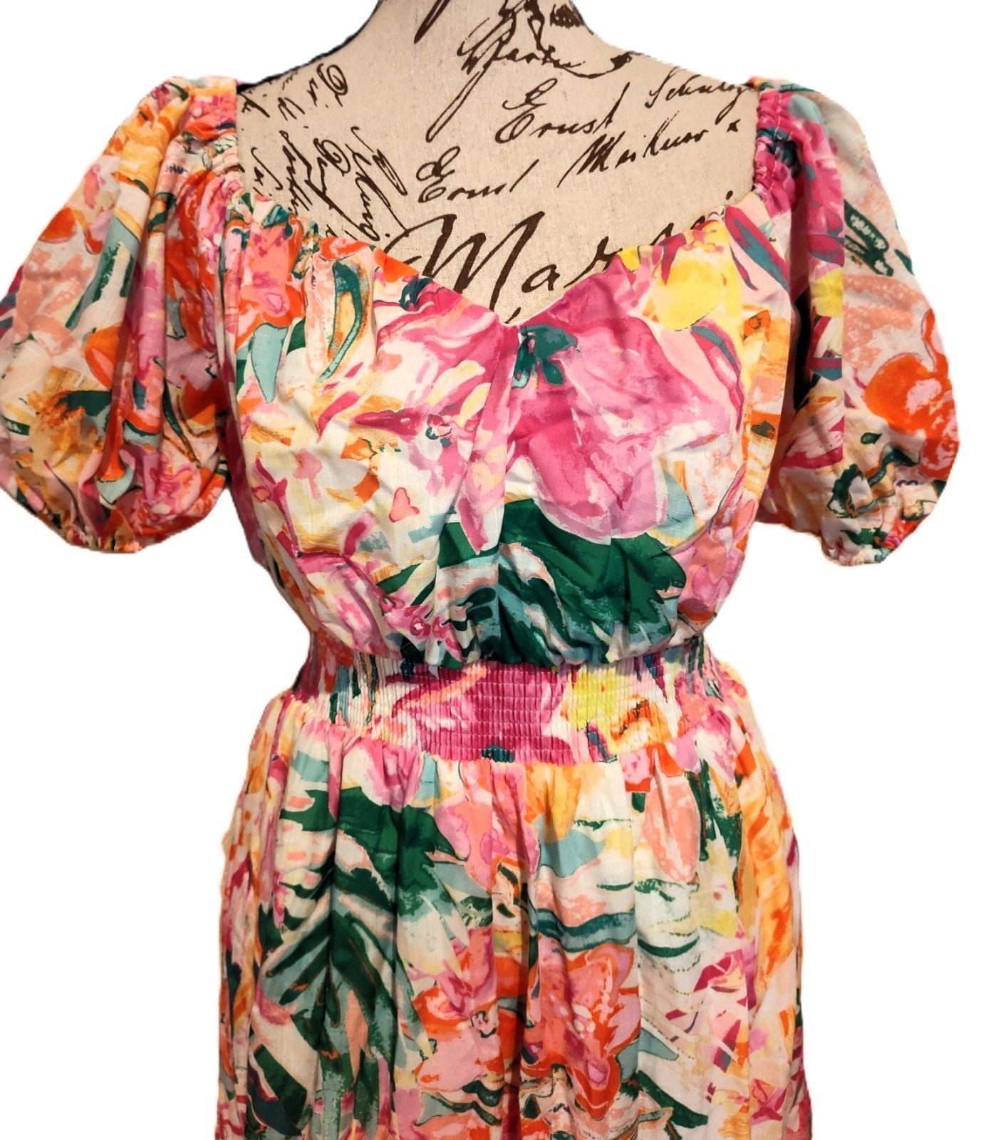 Flying Tomato Vibrant Watercolor-inspired Floral Puff Sleeve Tier Skirt Dress S 3