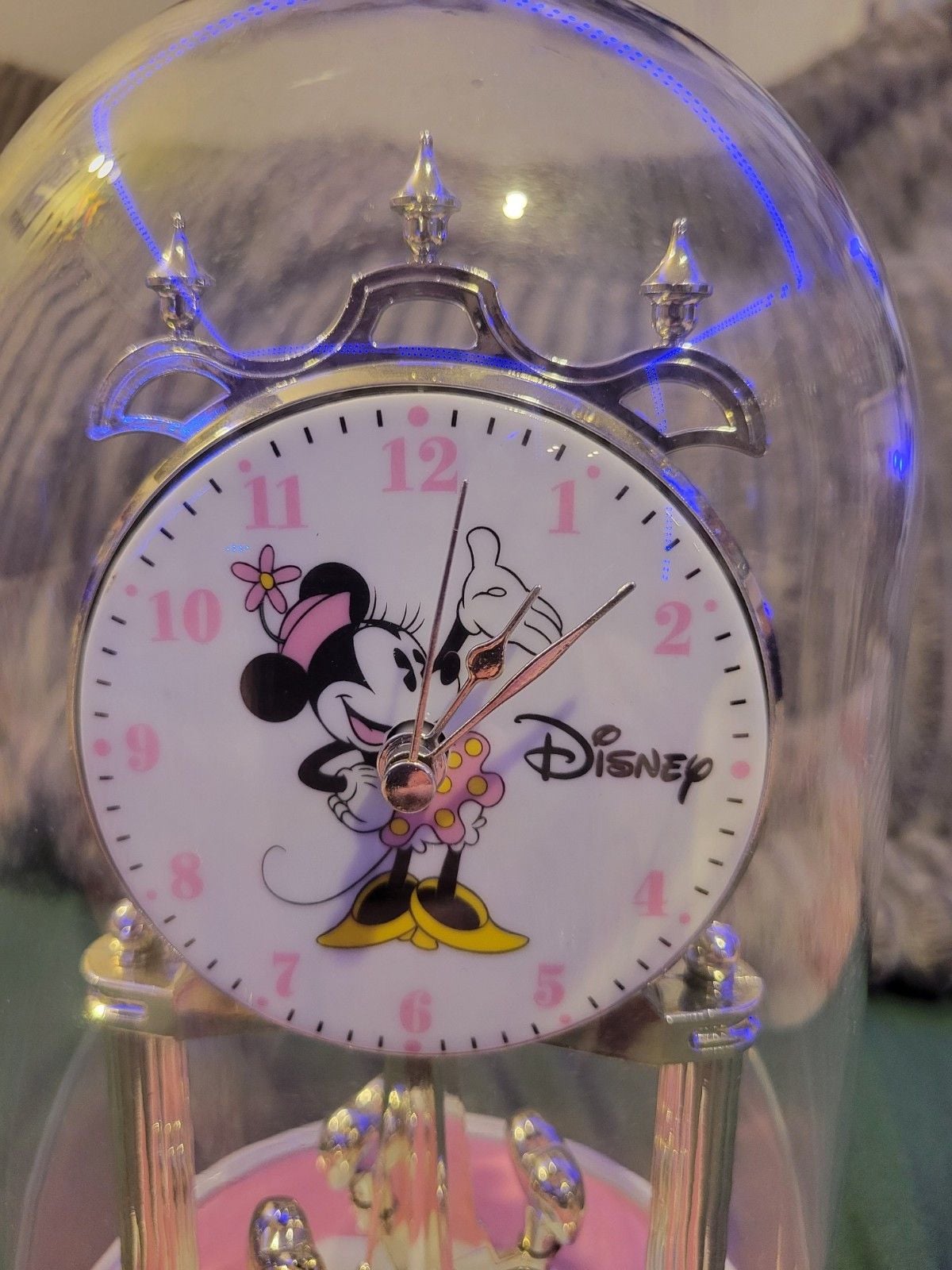 Disney Minnie Mouse Anniversary Clock Glass Dome Pink Ceramic Base 9