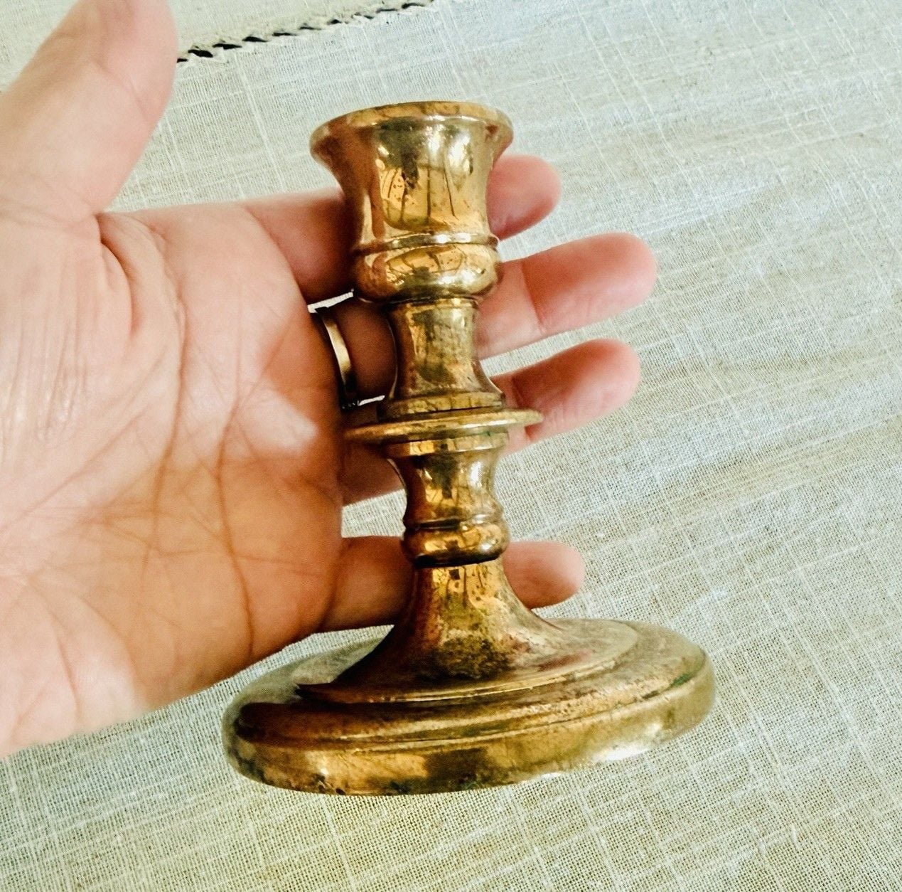 Vintage Solid Brass Candlestick Candle Holder 4” Made in USA Aged Patina 3