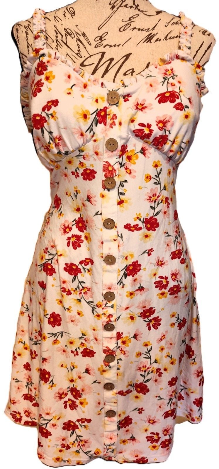 Cottagecore Cream Mini Sundress Floral Print, Sweetheart Neckline Sz L 11-13 2