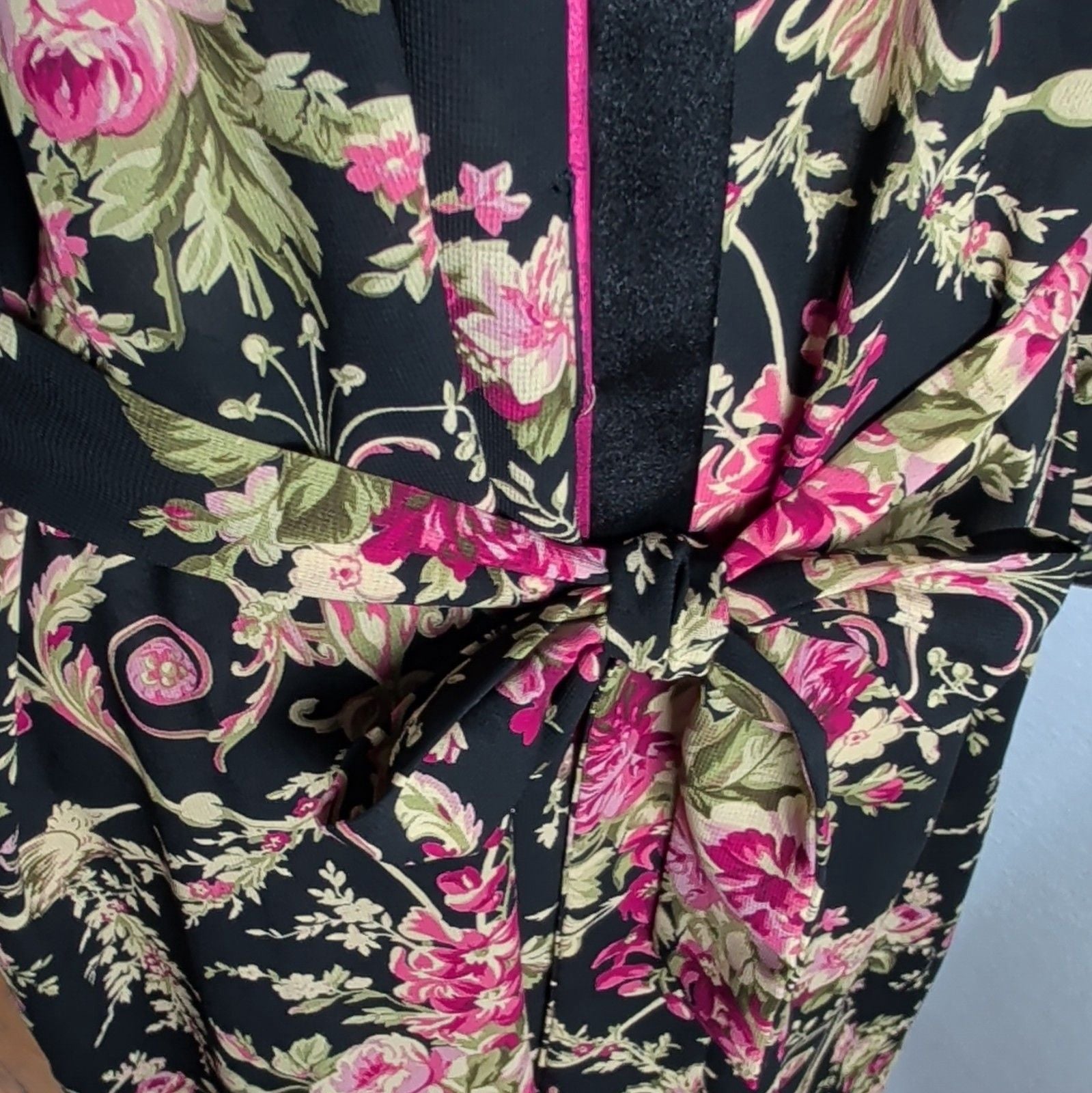 Oscar de la Renta Pink Label Floral Bird Kimono Robe Satin Look Black L XL Poly 11