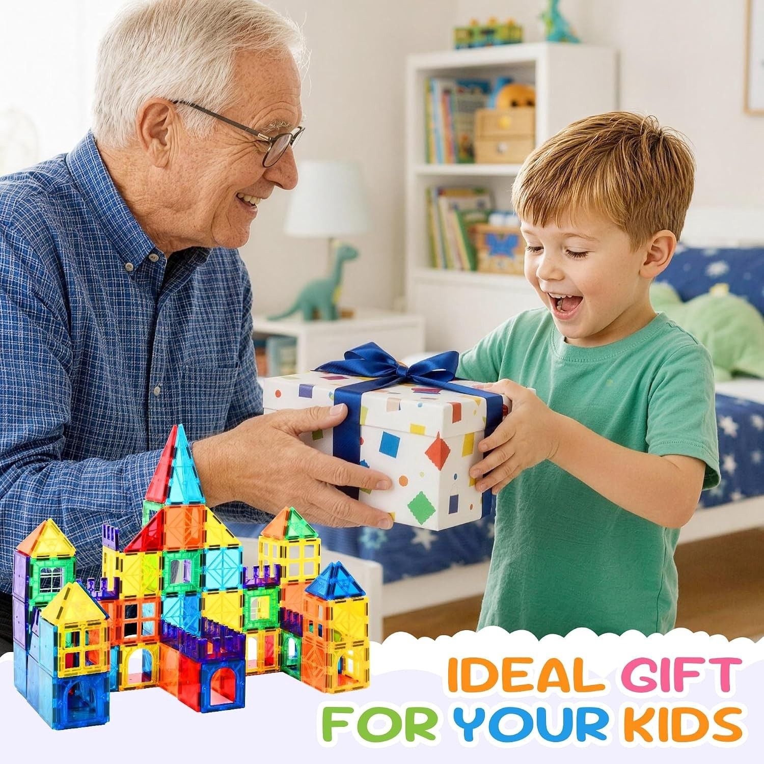 100 Pcs Magnetic Tiles, Magnet 3D Building Blocks Set with 2 Cars 7