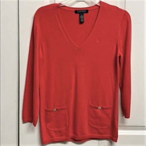 Ralph Lauren Red Cotton Pocket Logo V Neck Pull Over Knit Top Size S 2
