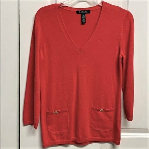 Ralph Lauren Red Cotton Pocket Logo V Neck Pull Over Knit Top Size S