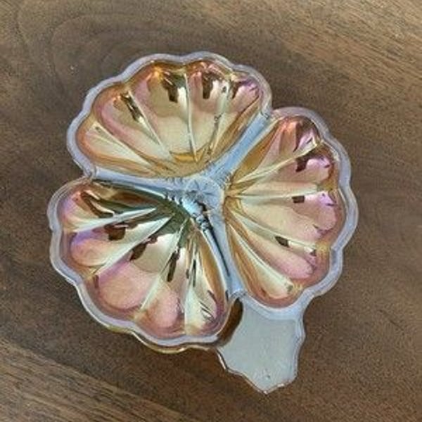 Vintage Jeannette Carnival Glass Marigold 3 Leaf Clover Candy/Nut Dish 7” W.