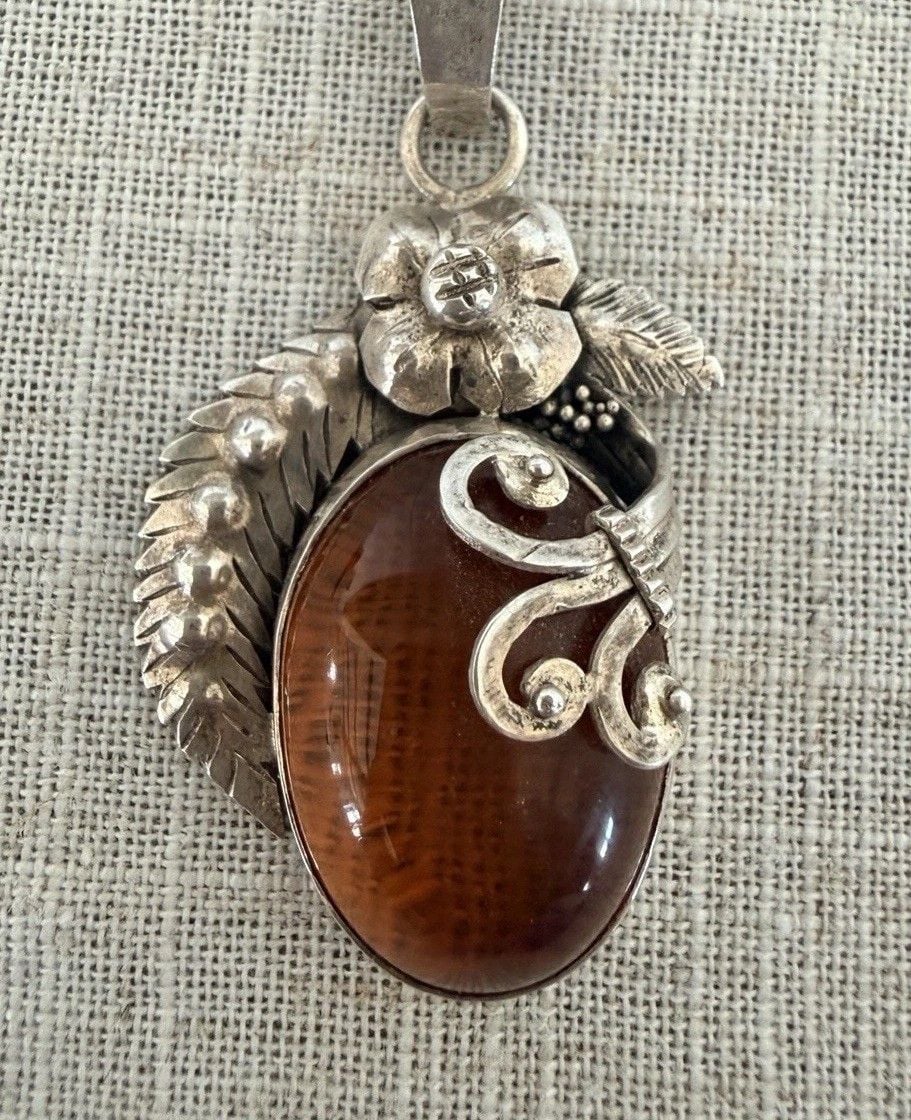 Artisan Sterling Silver Baltic Honey Amber Pendant Necklace 18” Rope Chain 925 2