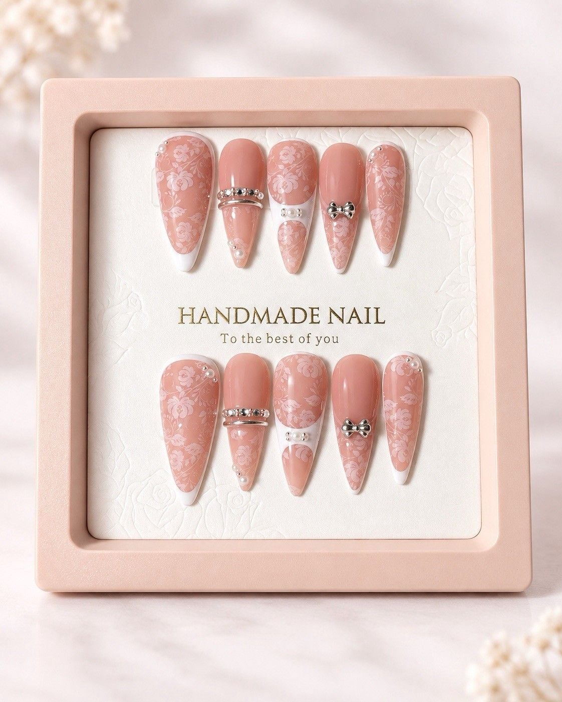 Reusable Pink Press On Nails Size L Long Almond Lace Bow Rhinestone 10pc Set 1