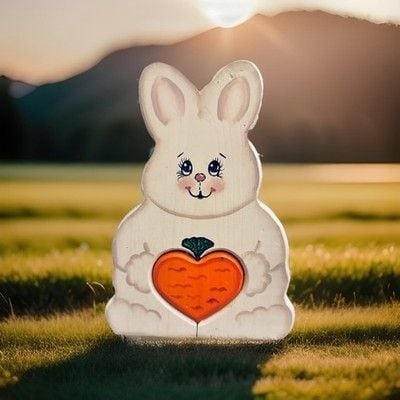 Vintage Handmade Hand Carved Wooden Bunny Shelf Sitter With Cut Out Heart Carrot 4