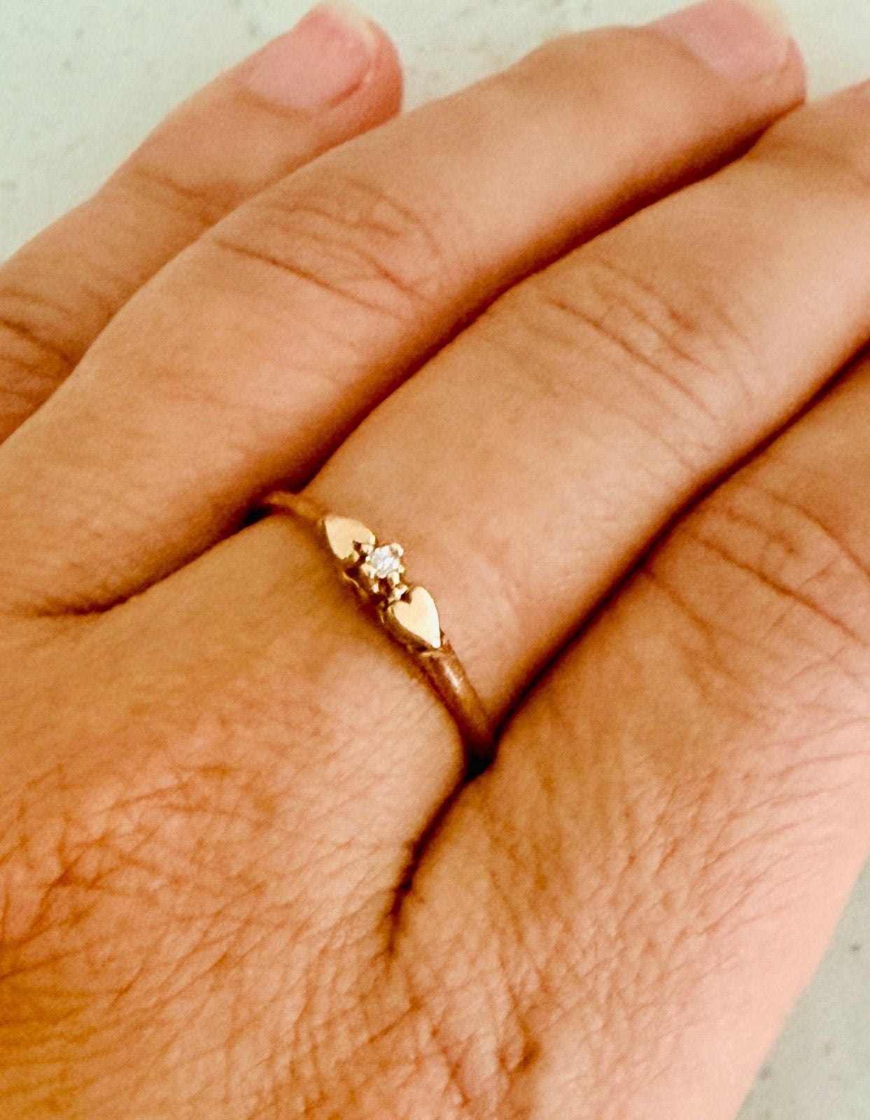 Antique 10K Gold Diamond Double Heart Size 8 Promise Solitaire Ring 4