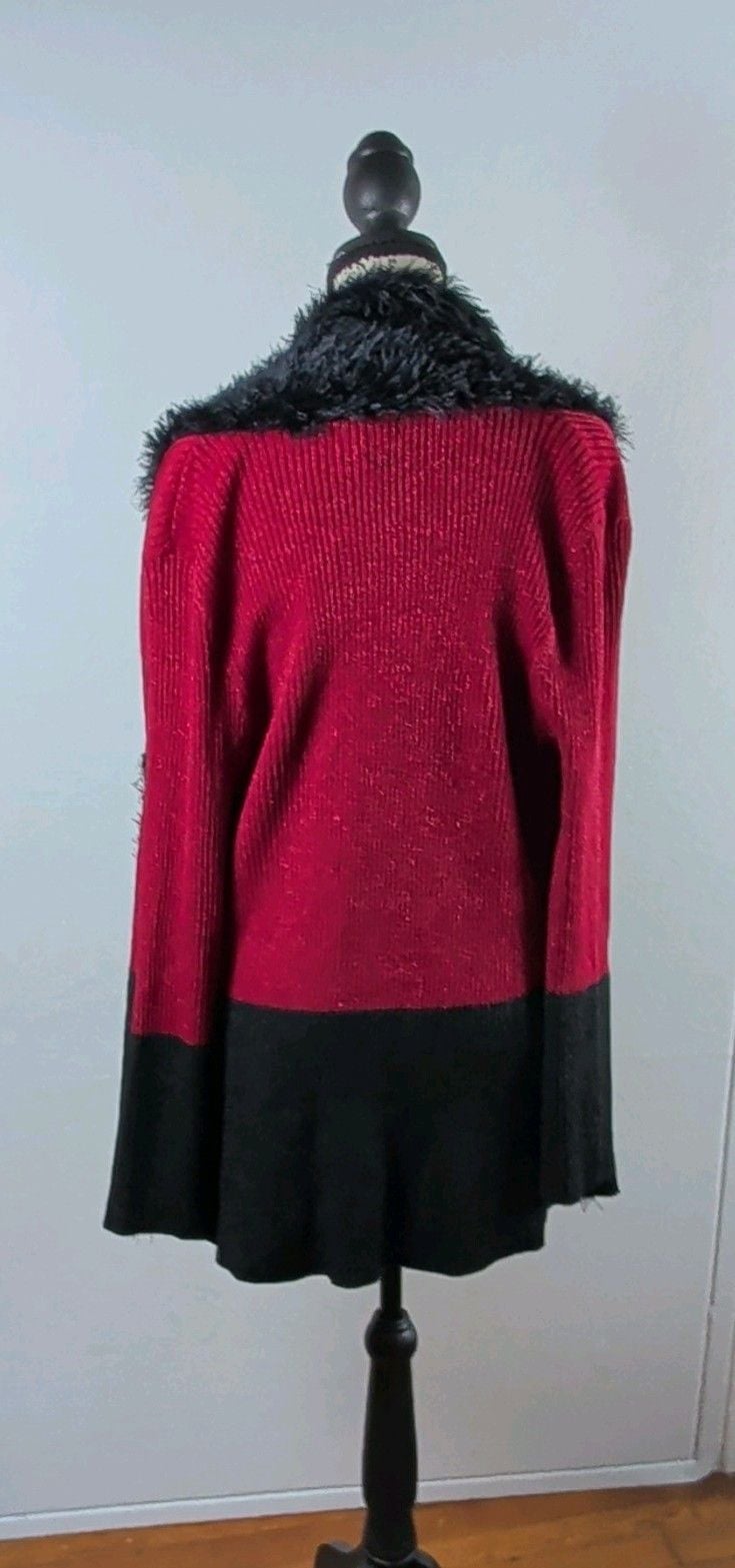 Lauren Michelle Red Black Knit Open Front Faux Fur Trim Cardigan Sweater XL 5