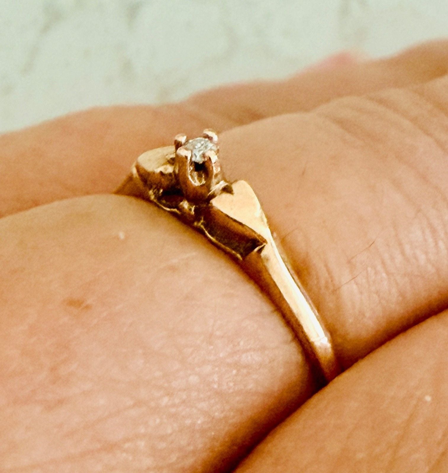 Antique 10K Gold Diamond Double Heart Size 8 Promise Solitaire Ring 5