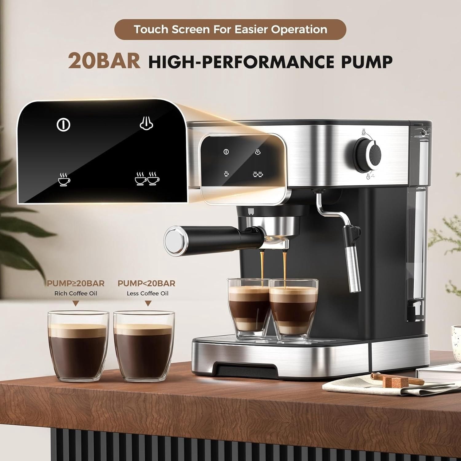 Compact Espresso Machine Professional 20 Bar with Touch Panel, Black 2
