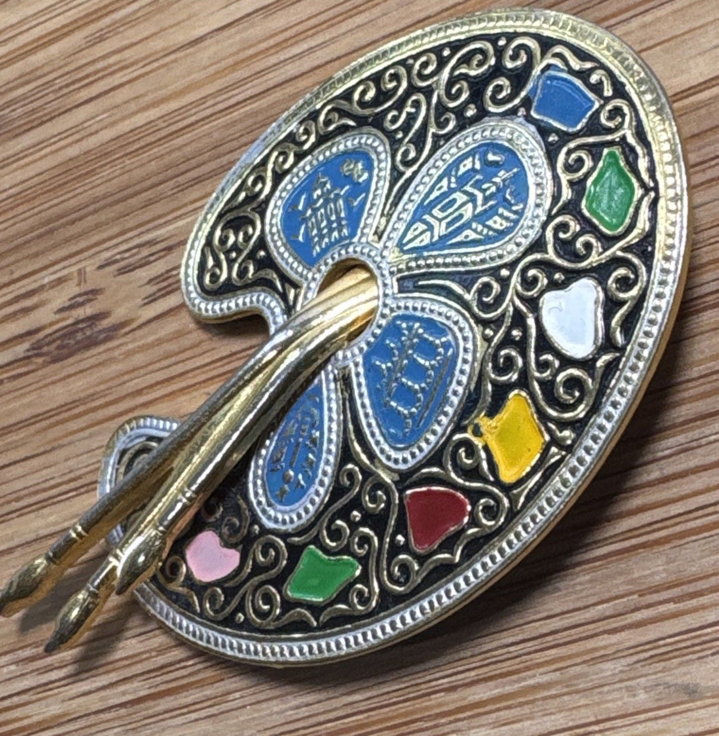 Vintage Gold Paint Palette w/Brushes Brooch Pin Damascene Spain 4